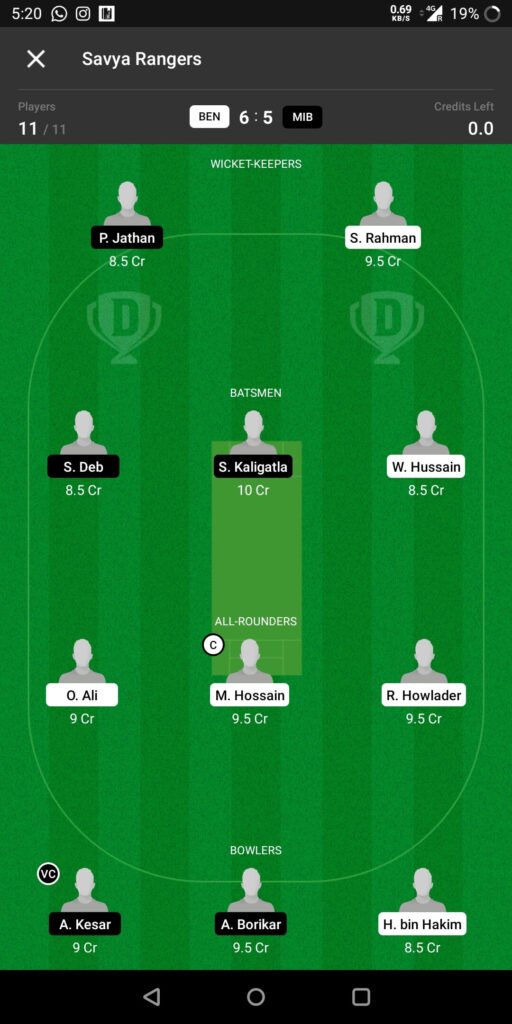Head To Head Dream11 Team Prediction For BEN vs MIB