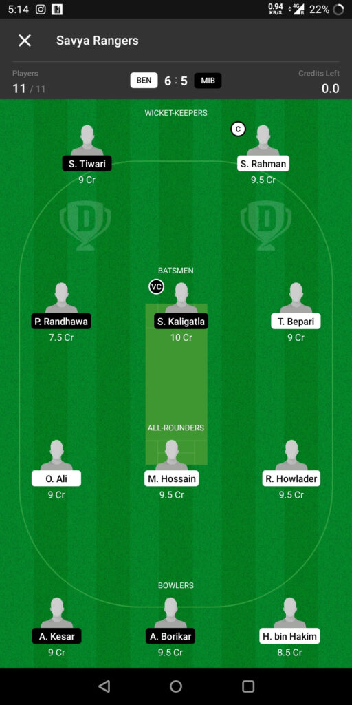 Grand League Team For Prediction BEN vs MIB