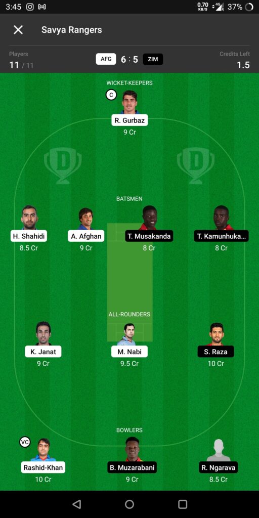 Grand League Team For Afghanistan vs Zimbabwe