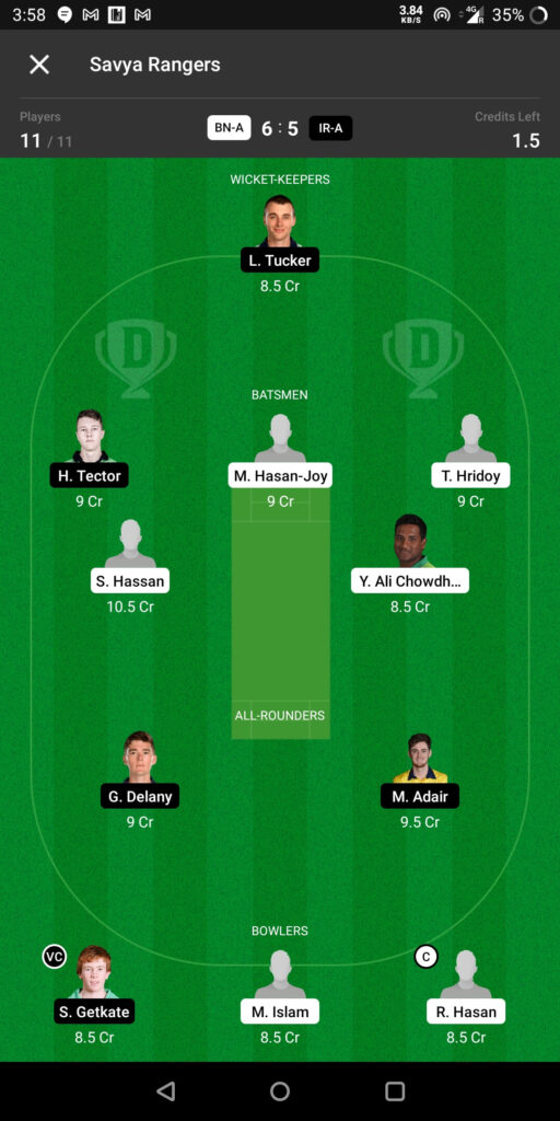 Grand League Team For Bangladesh-A vs Ireland-A