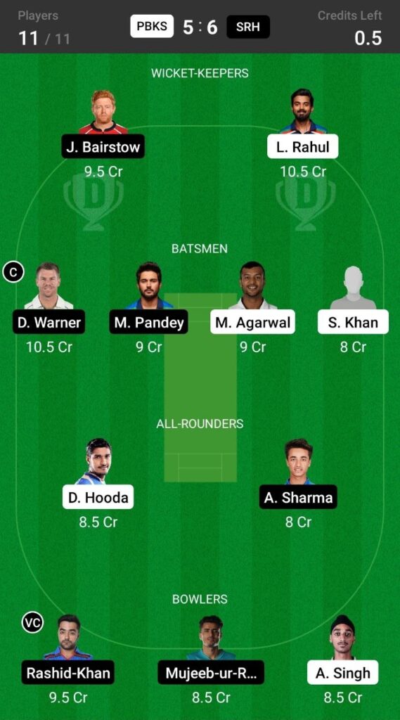 Grand League Team For Punjab Kings vs Sunrisers Hyderabad