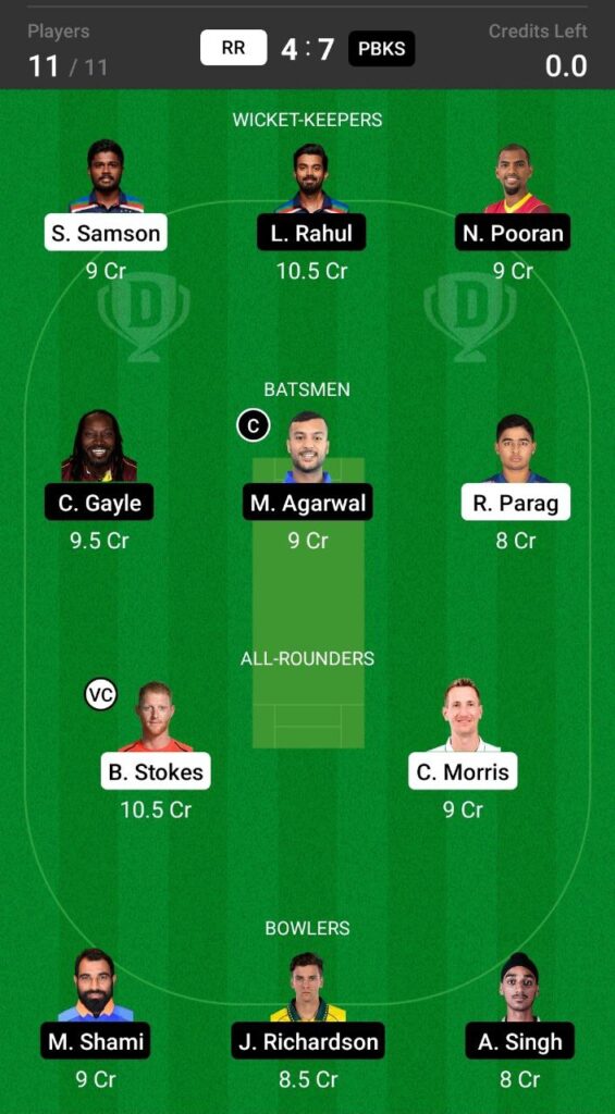 Grand League Team For Rajasthan Royals vs Punjab Kings