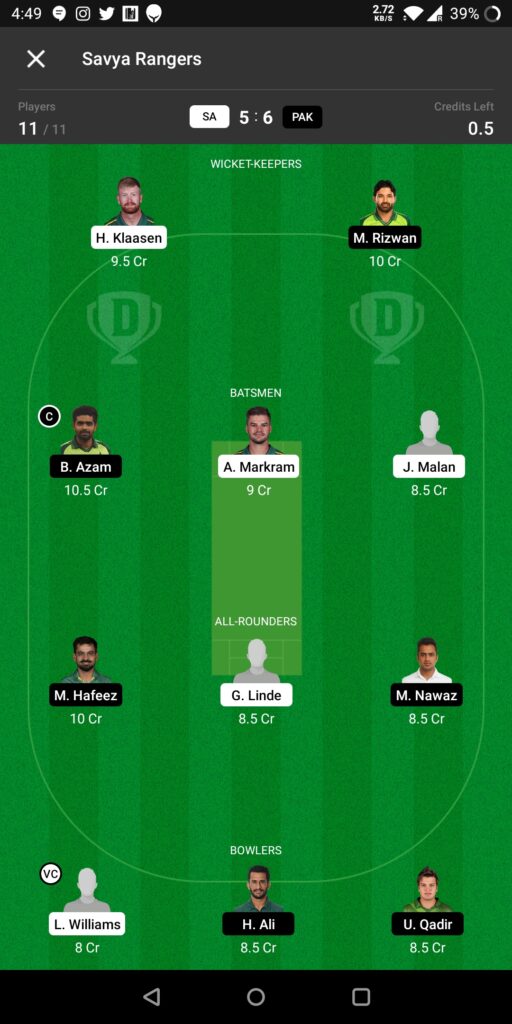 Grand League Team For Pakistan vs South Africa